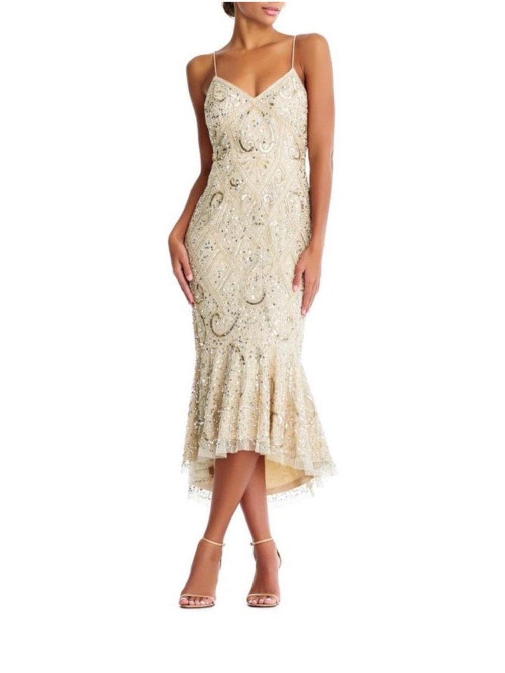 Aidan Mattox Beaded Champagne High-Low Slip Dress